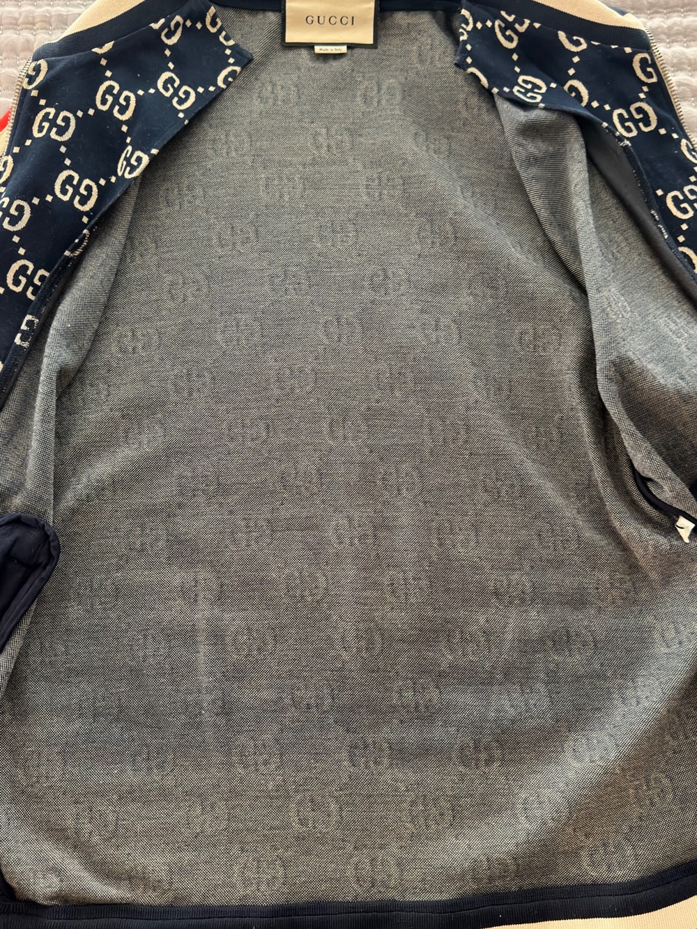 Gucci Navy and Cream GG Logo Track Jacket with Red Shoulder Stripe - Picture 9 of 9